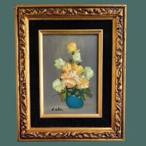 Vintage 1970s Rose Still Life Painting in Gilt & Velvet Frame by Ann Julia Rant